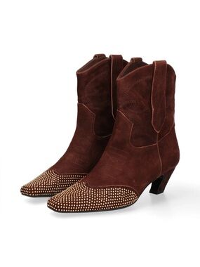Marc Ellis Brown Suede Western Ankle Boots with Studded Toe